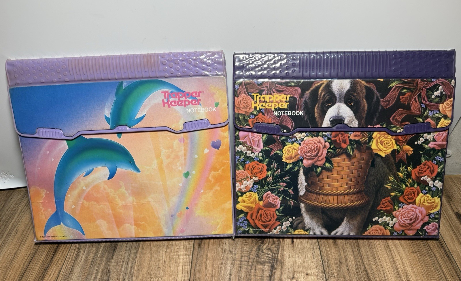 Vtg Original 90s Lot 2 MEAD Trapper Keeper Rainbow Dolphins Dog Puppy Lisa Frank