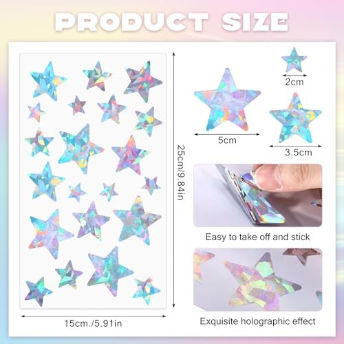 10 Sheets Holographic Glitter Silvery Stickers Multiple Sizes Self Star