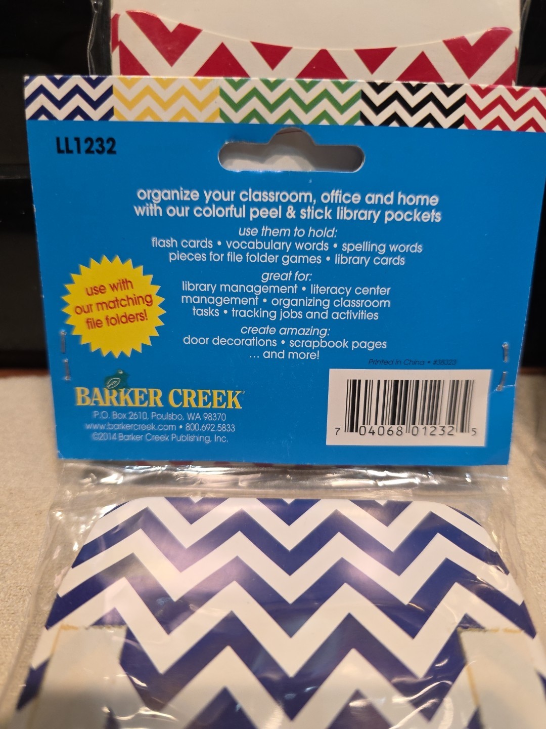 Lot Of 3 30-Packs Barker Creek Nautical Chevron Library Pockets Peel & Stick NEW