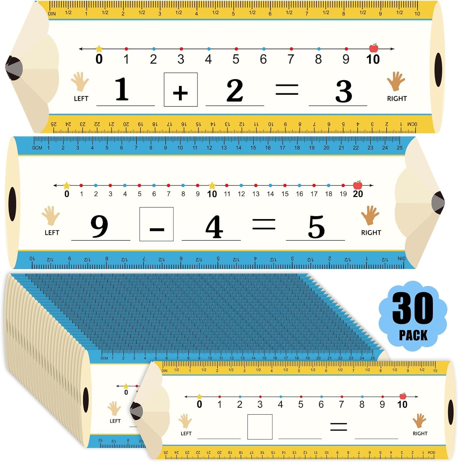 30Pcs Pencil Number Lines, Double Sided Number Lines for Students, 12x4Inch