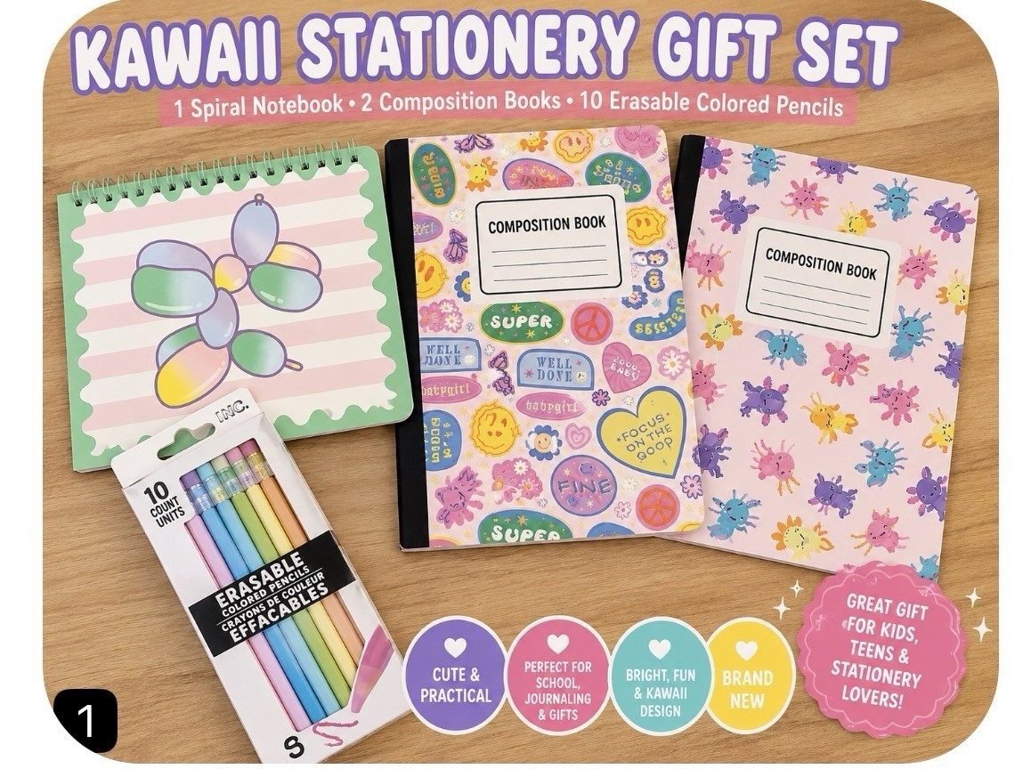 Stationery Gift Set Spiral Notebook 2 Books 10 Erasable Pencils Pastel Colors