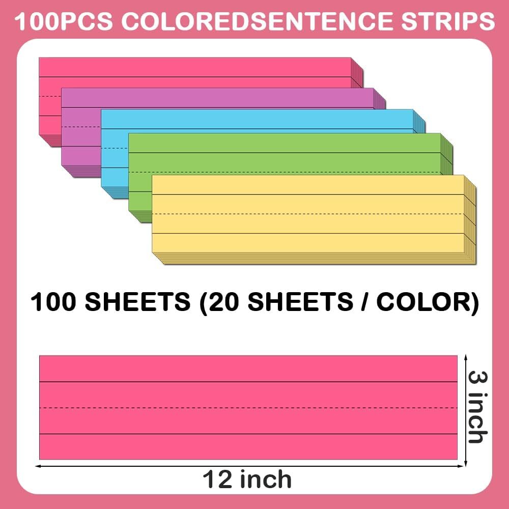 Pack of 100 Colored Sentence Strips Cardstock Colored Sentence Strips 3” x 12…