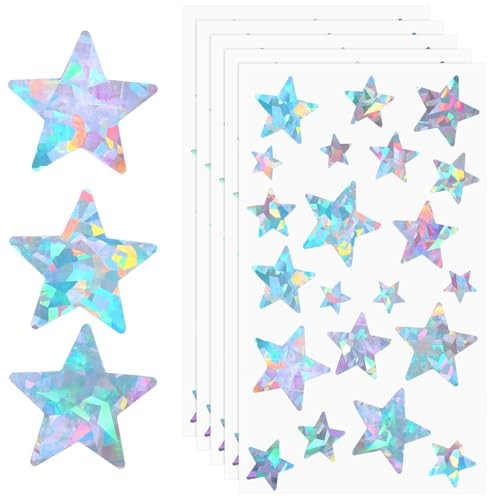 10 Sheets Holographic Glitter Silvery Stickers Multiple Sizes Self Star