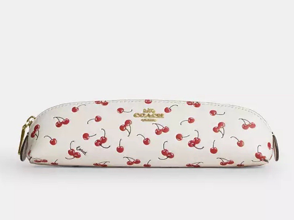 NWT COACH Pencil Case In Smooth Leather With Cherry Print 🍒 CFA45 Chalk Red