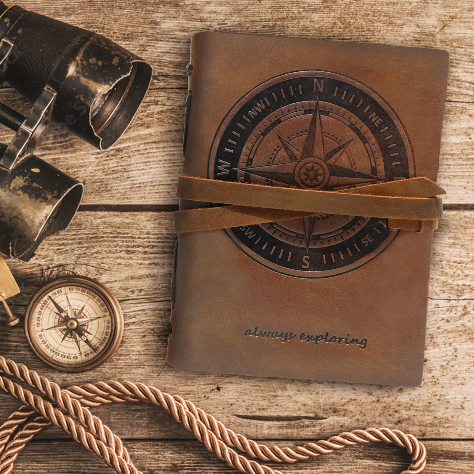 Leather Bound Journal for Men and Women, Handmade Gift Set with Nautical Comp…