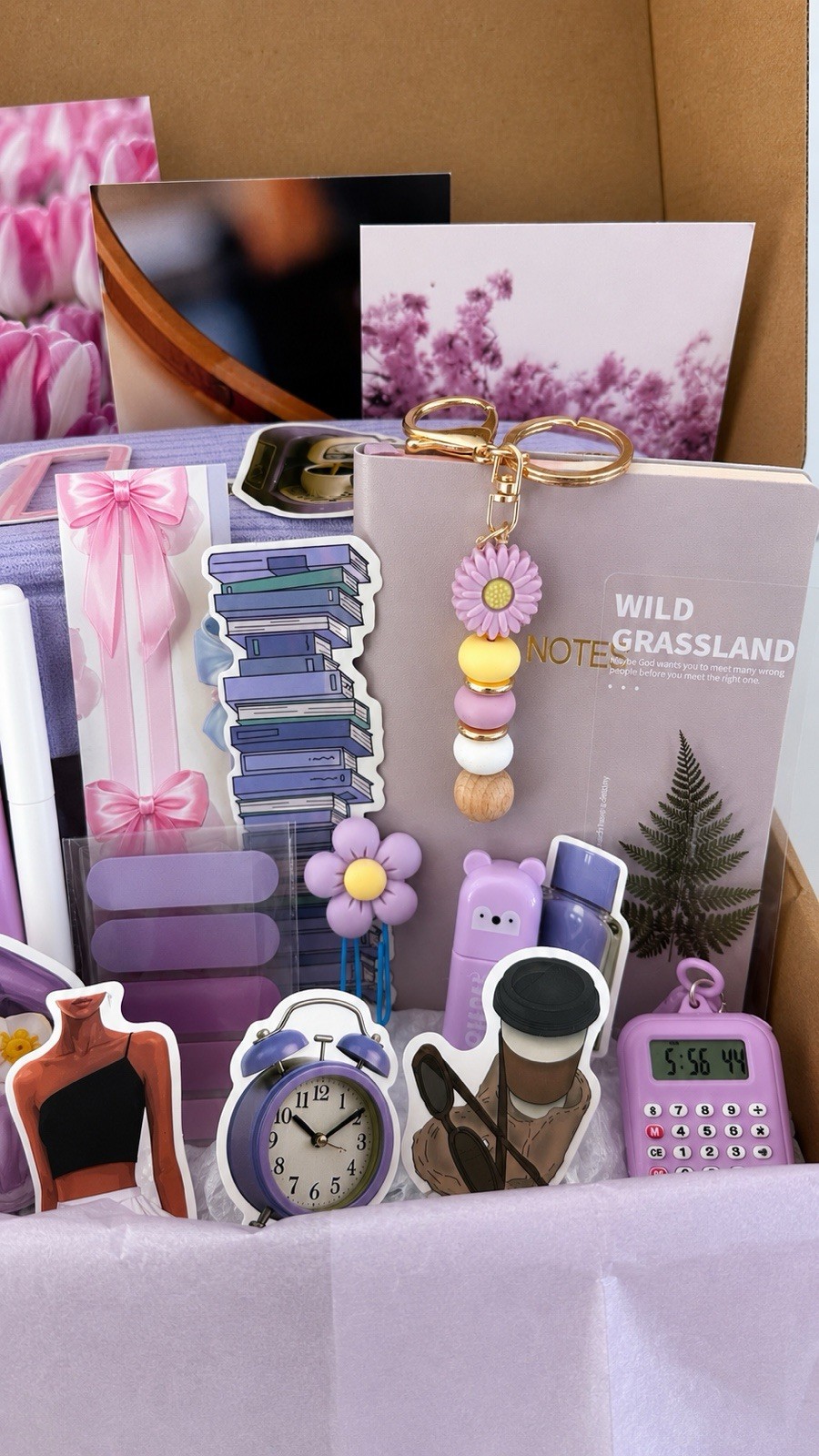 💜 Purple Kawaii Stationery Gift Box w/ Notebook, Pens, Stickers, Washi Tape