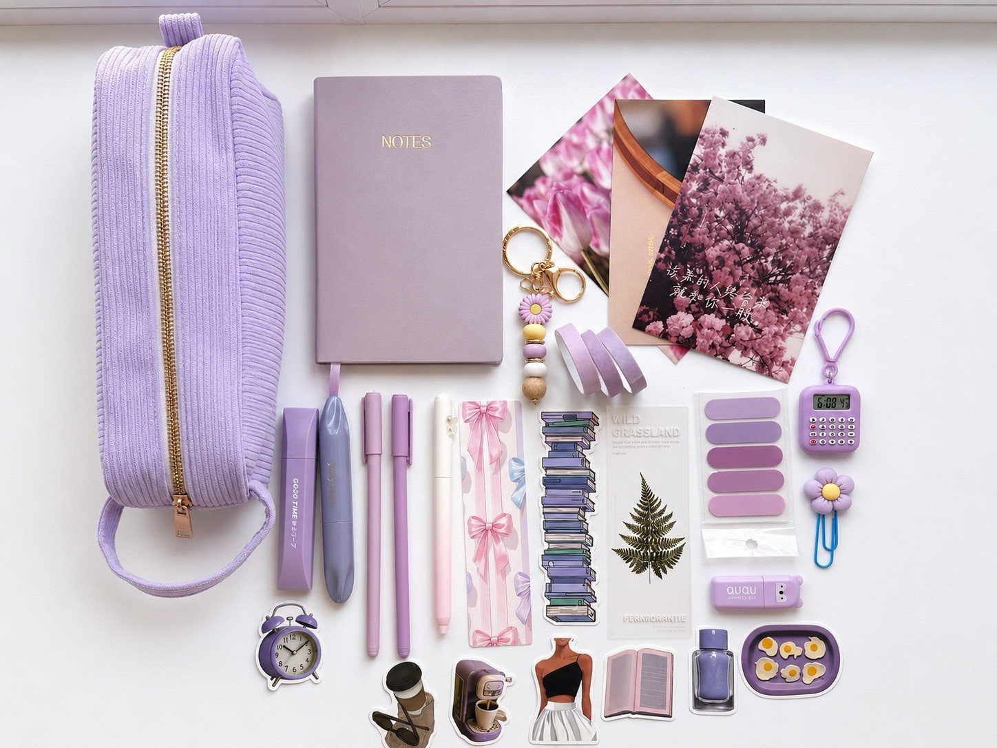 💜 Purple Kawaii Stationery Gift Box w/ Notebook, Pens, Stickers, Washi Tape