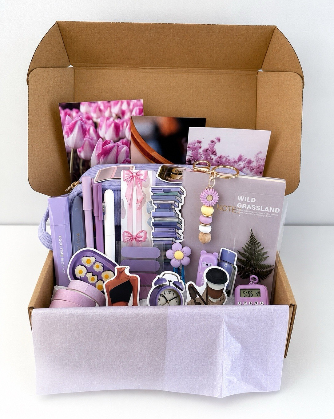 💜 Purple Kawaii Stationery Gift Box w/ Notebook, Pens, Stickers, Washi Tape